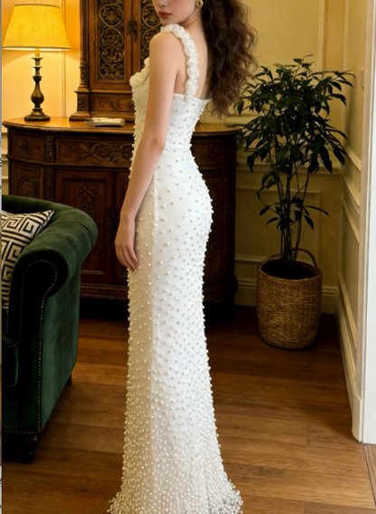 legant Ivory Mermaid Spaghetti Strap Square Neck 3D Rose Pearl Satin Long Prom Dress Evening Dress P4912