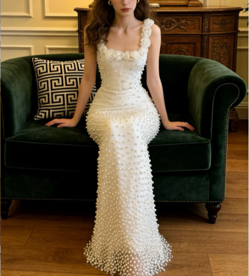legant Ivory Mermaid Spaghetti Strap Square Neck 3D Rose Pearl Satin Long Prom Dress Evening Dress P4912