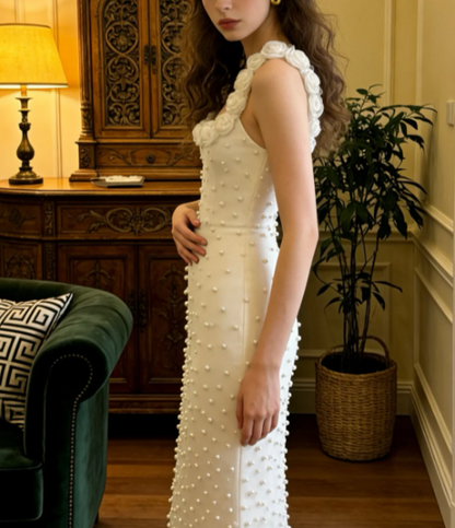 legant Ivory Mermaid Spaghetti Strap Square Neck 3D Rose Pearl Satin Long Prom Dress Evening Dress P4912