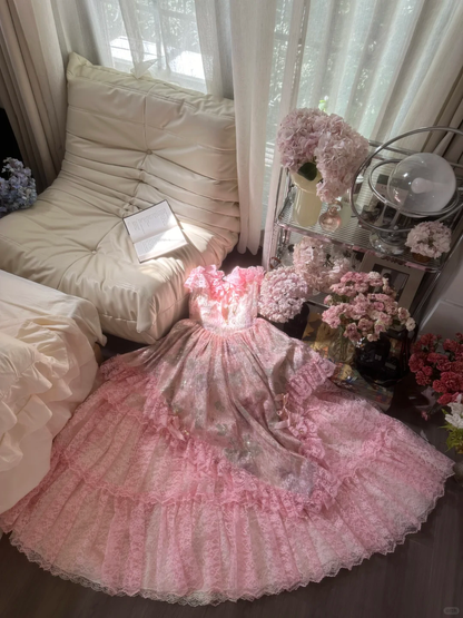 Pink sweet fashion elegant exquisite lace floral long tulle lace princess ball gown evening dress birthday dress adult ceremony dress gh4032