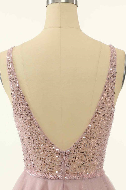 Dusty Pink A-line V Neck Sequins Tulle Mini Homecoming Dress
