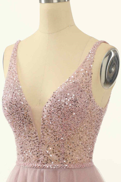 Dusty Pink A-line V Neck Sequins Tulle Mini Homecoming Dress