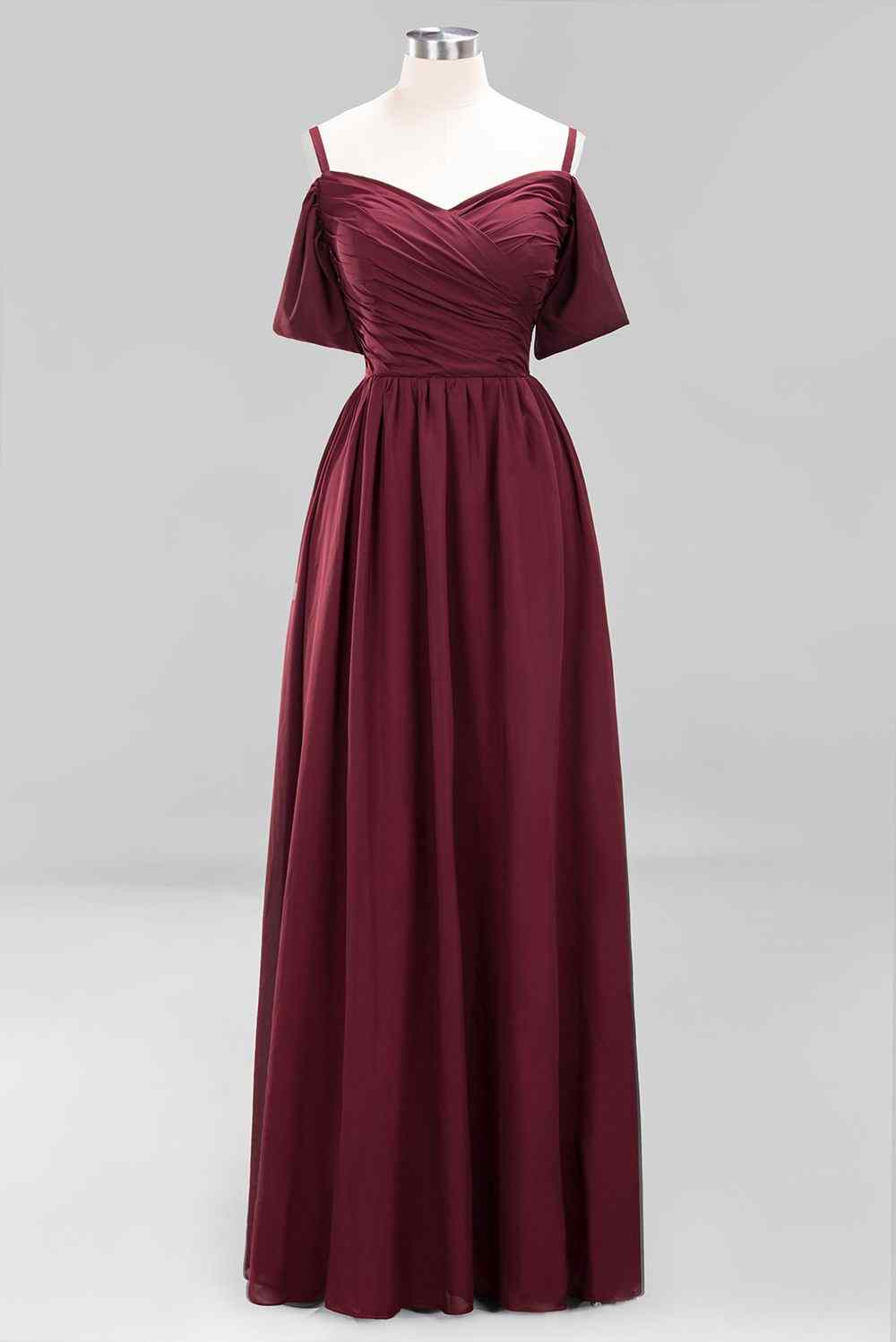 Burgundy A-line Sweetheart Sleeves Pleated Chiffon Long Bridesmaid Dress