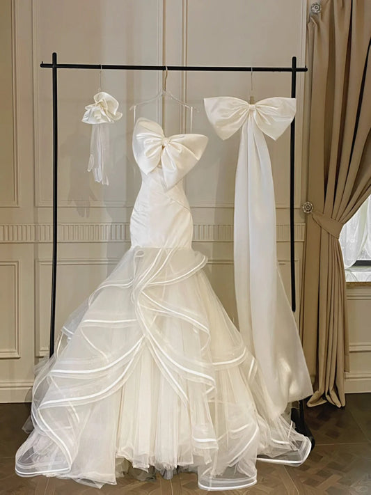Sweet White Mermaid Bow Satin Tulle Wedding Dress with Train P4092