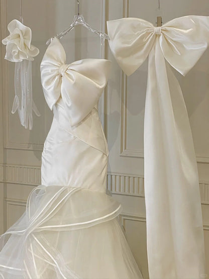Sweet White Mermaid Bow Satin Tulle Wedding Dress with Train P4092