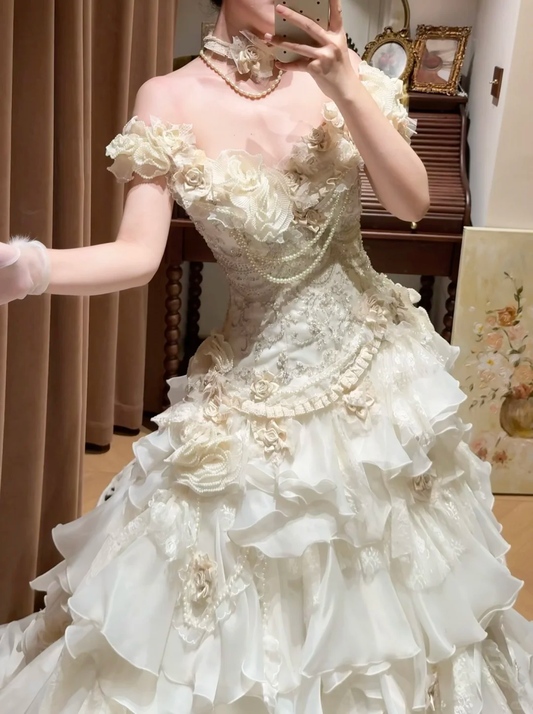 Vintage Ivory Off-the-Shoulder Embroidery Ruffled Tulle Wedding Dress TP5450
