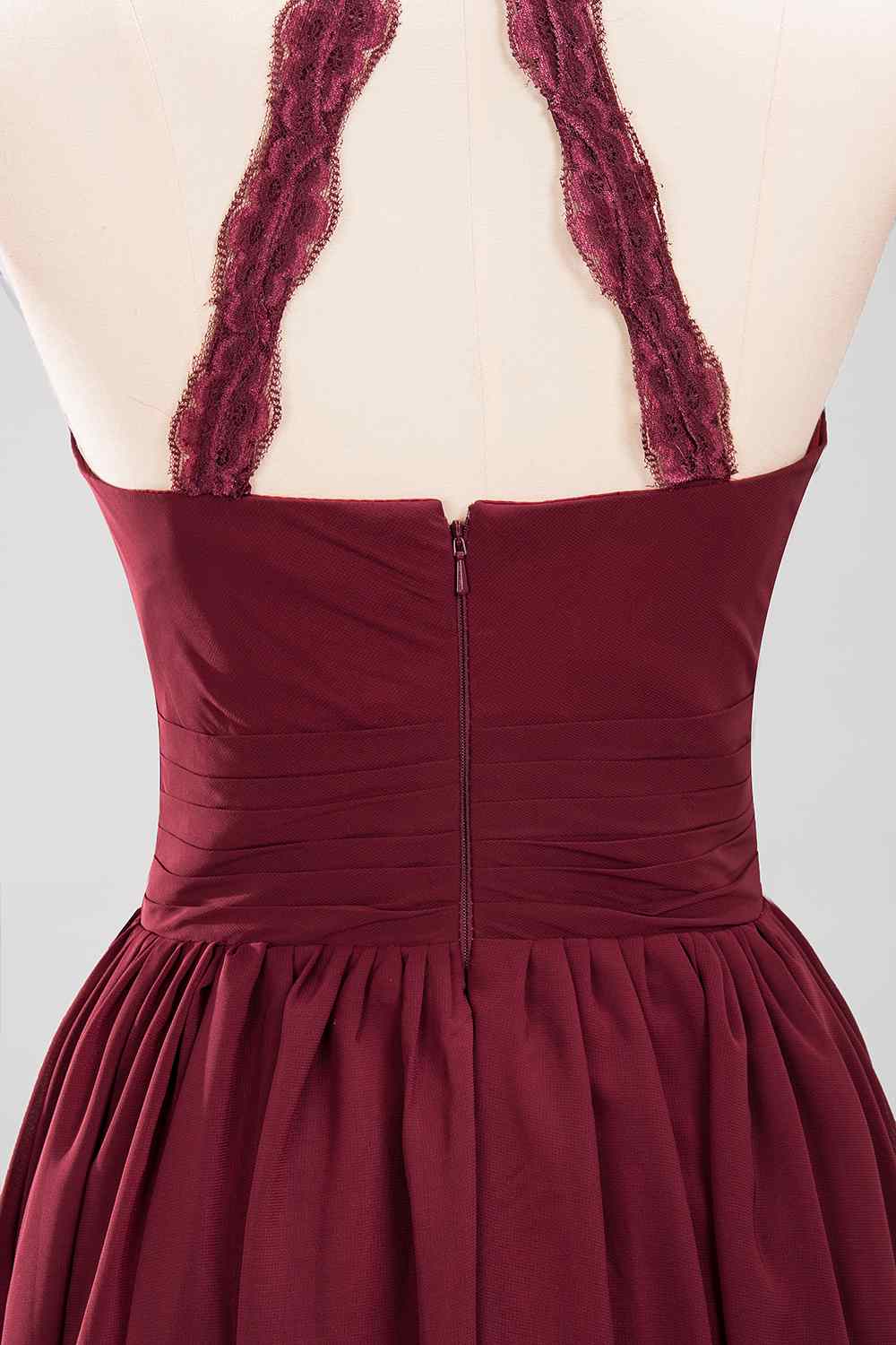 Burgundy A-line Halter Lace Straps Back Pleated Chiffon Long Bridesmaid Dress