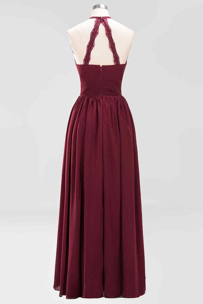 Burgundy A-line Halter Lace Straps Back Pleated Chiffon Long Bridesmaid Dress