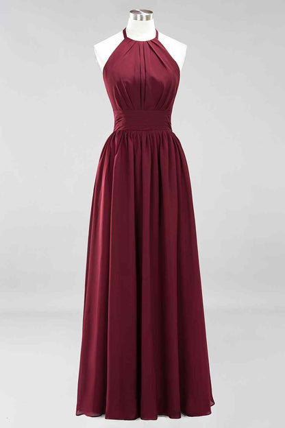 Burgundy A-line Halter Lace Straps Back Pleated Chiffon Long Bridesmaid Dress