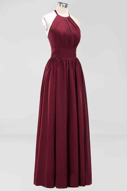 Burgundy A-line Halter Lace Straps Back Pleated Chiffon Long Bridesmaid Dress