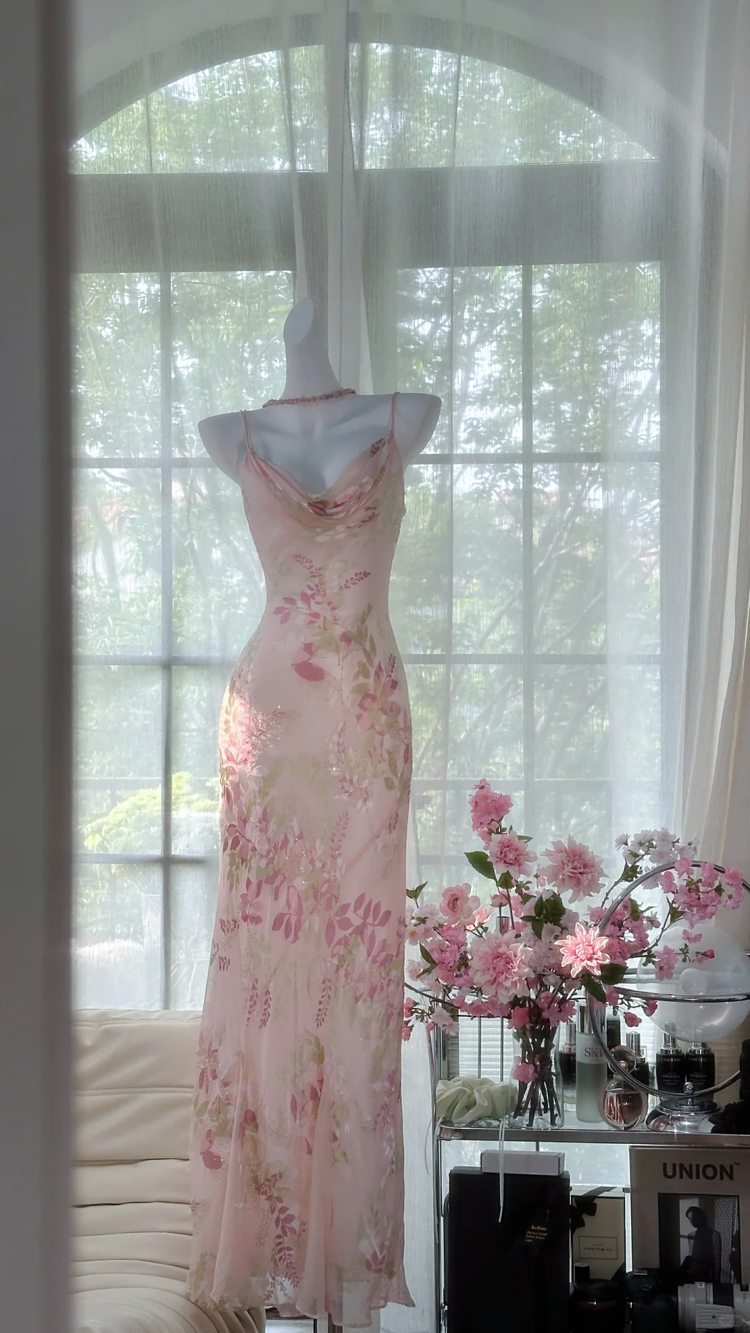 Retro Pink Floral Spaghetti Strap Romantic Chiffon Evening Dress Prom Dresses TP3984