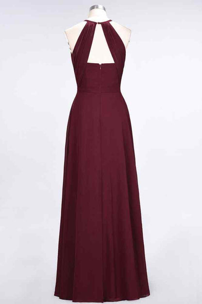 Burgundy A-line Halter Cut-Out Back Pleated Chiffon Long Bridesmaid Dress