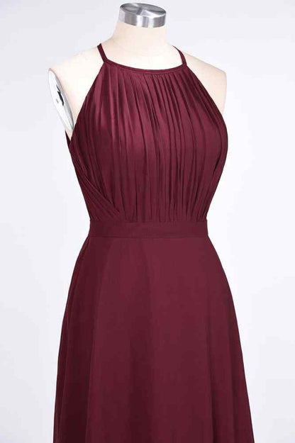 Burgundy A-line Halter Cut-Out Back Pleated Chiffon Long Bridesmaid Dress