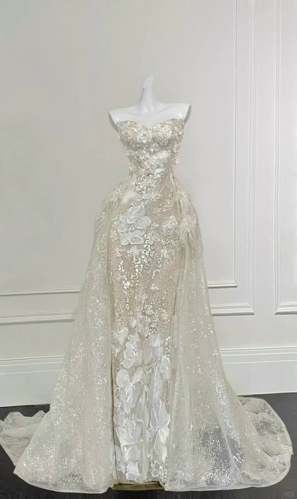 Gorgeous Champagne Gold Mermaid Strapless Sequined 3D Flower Tulle Wedding Dress with Train P4094