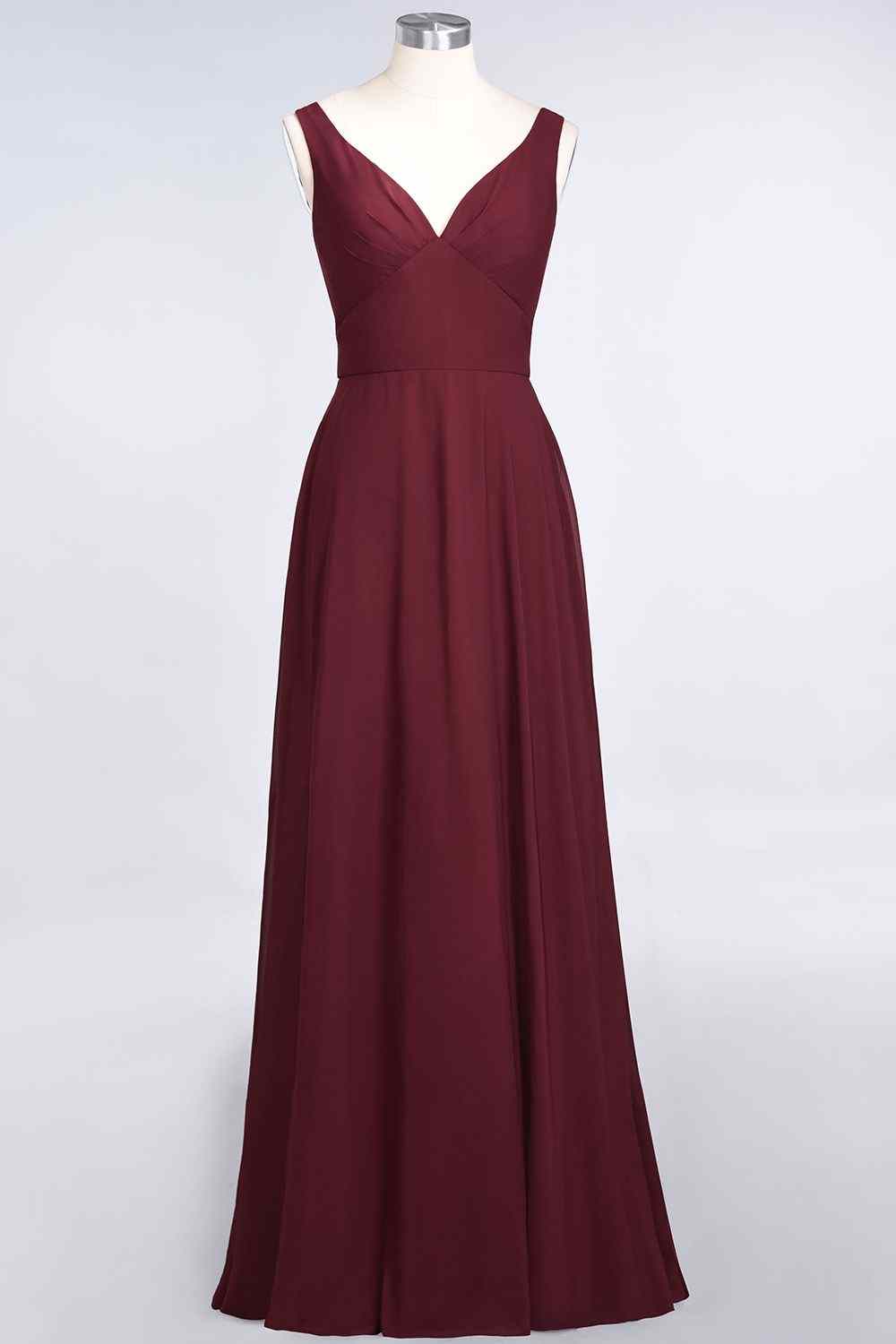 Burgundy A-line V Neck Cut-Out Back Chiffon Long Bridesmaid Dress
