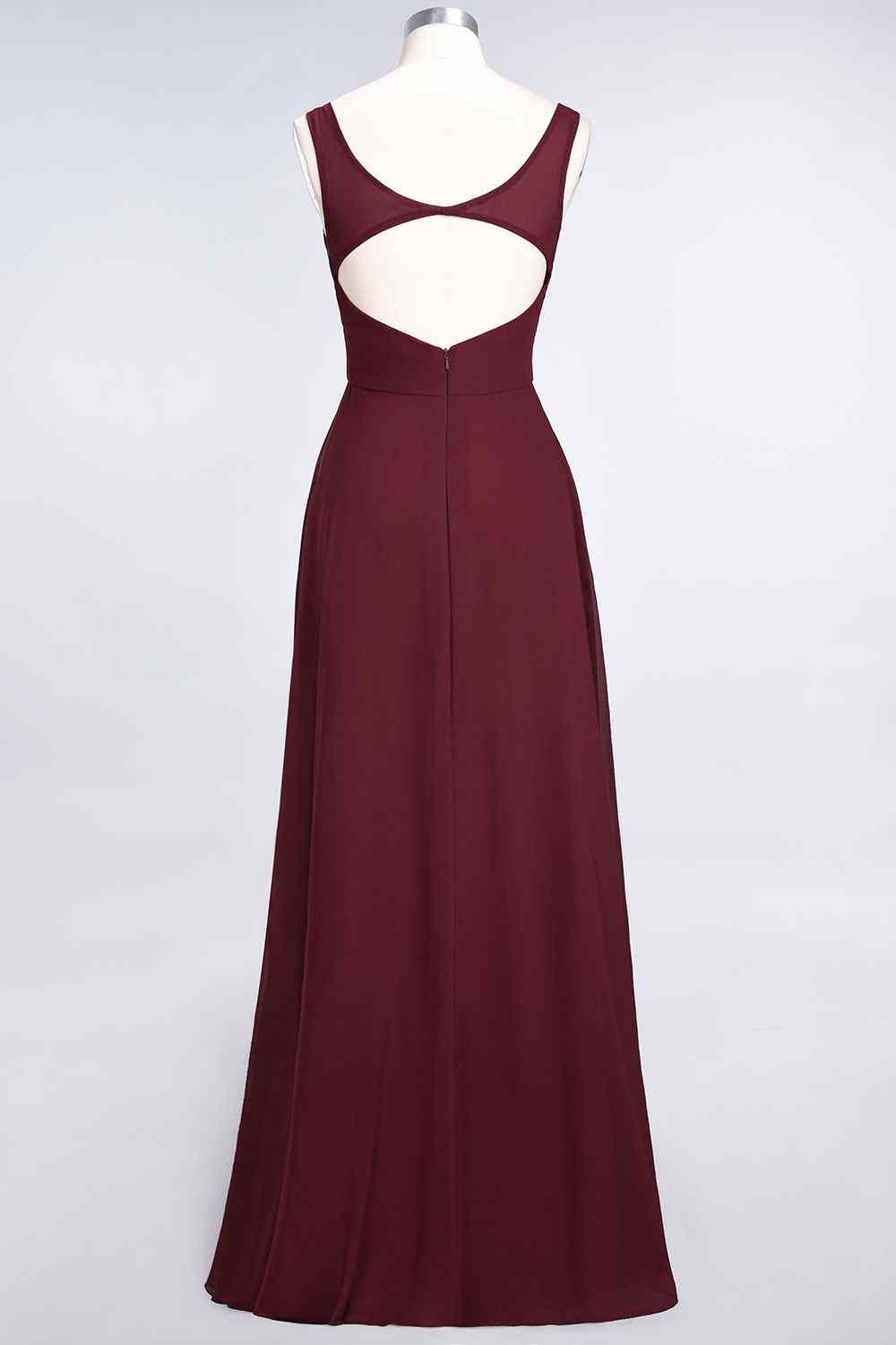 Burgundy A-line V Neck Cut-Out Back Chiffon Long Bridesmaid Dress