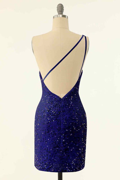 Sheath One Shoulder Sequins Strap Back Mini Homecoming Dress