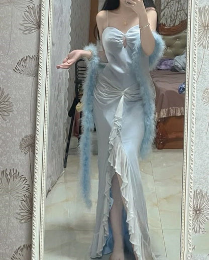 Champagne Elegant Spaghetti Strap Ruffles Long Satin Tulle Chiffon Goddess Mermaid Slim Fit Ball Gown Evening Dress Party Dress Prom Dress gh3683