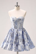 Retro Fashion Blue Corset Design Strapless Mini Party Dress  Floral Homecoming Dress TP3393