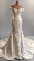 Classic Ivory Off-the-Shoulder Beaded Satin Applique Mermaid Wedding Dress TP5919