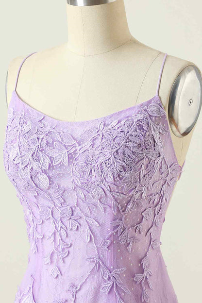 Lilac Sheath Scoop Neck Lace-up Back Applique Mini Homecoming Dress