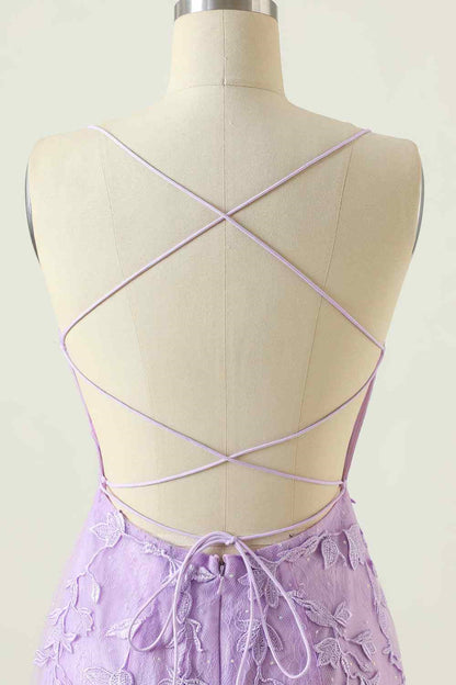 Lilac Sheath Scoop Neck Lace-up Back Applique Mini Homecoming Dress