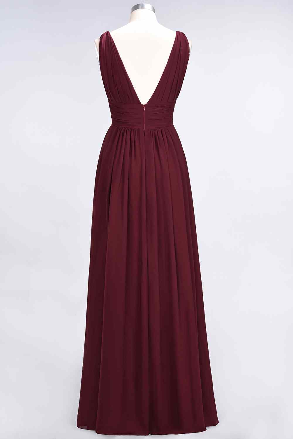 Burgundy A-line V Neck Sleeveless Pleated Chiffon Long Bridesmaid Dress