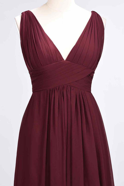 Burgundy A-line V Neck Sleeveless Pleated Chiffon Long Bridesmaid Dress