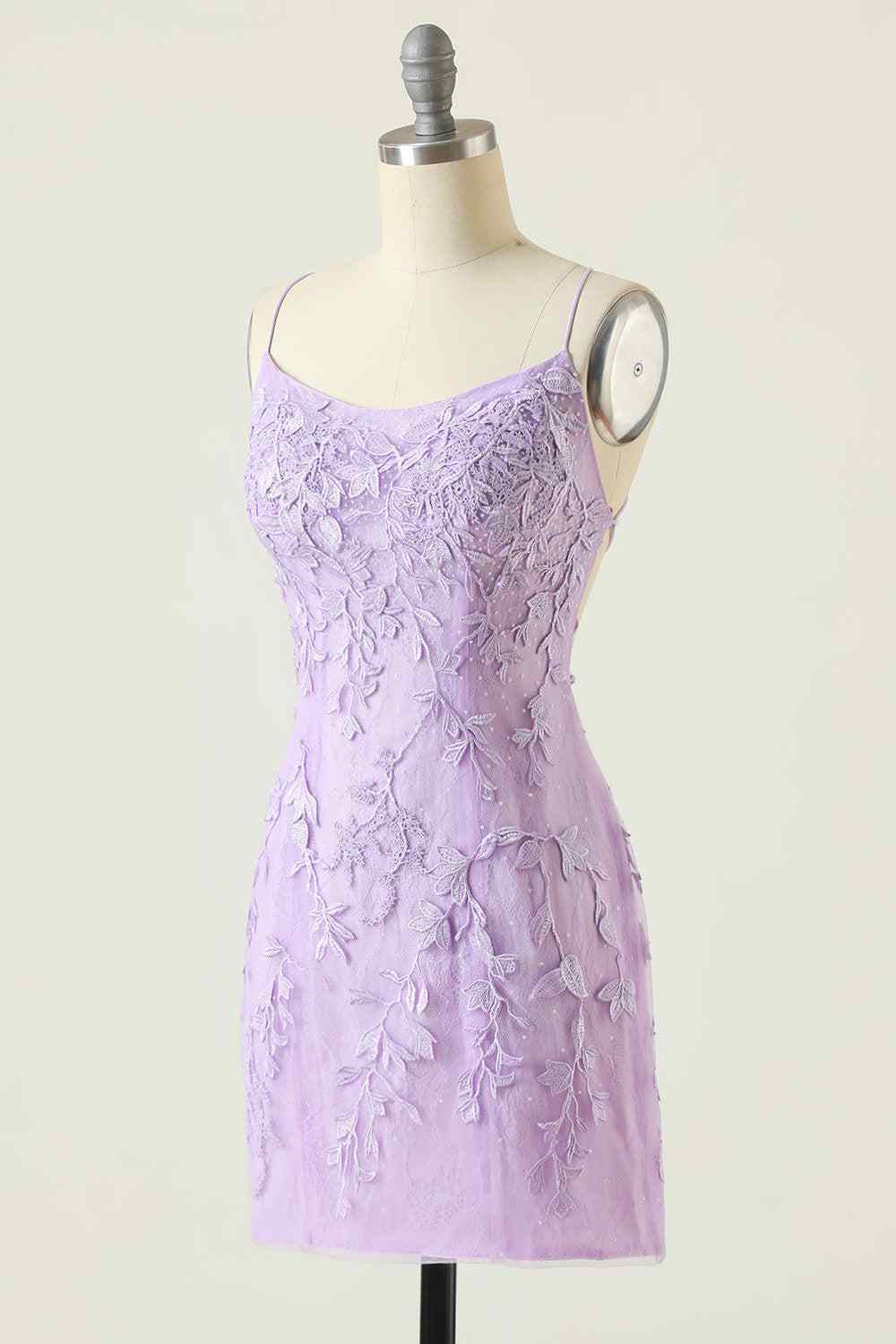 Lilac Sheath Scoop Neck Lace-up Back Applique Mini Homecoming Dress