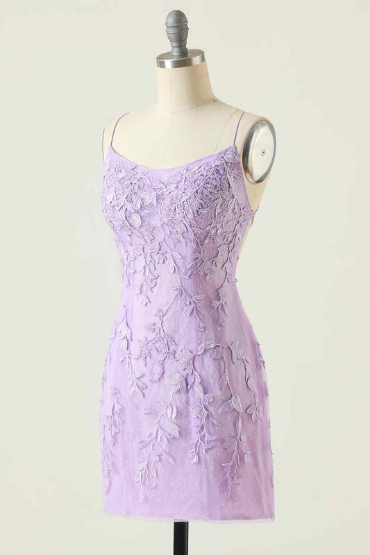 Lilac Sheath Scoop Neck Lace-up Back Applique Mini Homecoming Dress