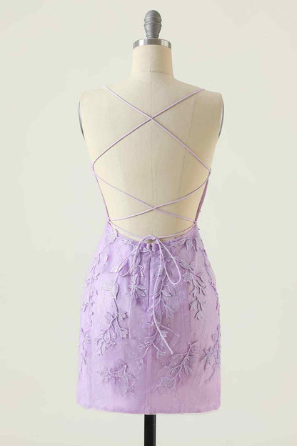 Lilac Sheath Scoop Neck Lace-up Back Applique Mini Homecoming Dress