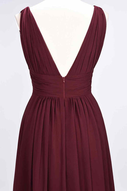 Burgundy A-line V Neck Sleeveless Pleated Chiffon Long Bridesmaid Dress