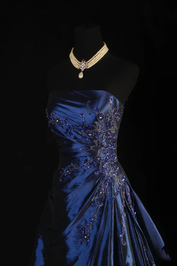 Navy Blue Vintage Elegant Fashion Ball Gown Off Shoulder Long Satin Prom Dress Evening Dress Party Dress gh4246