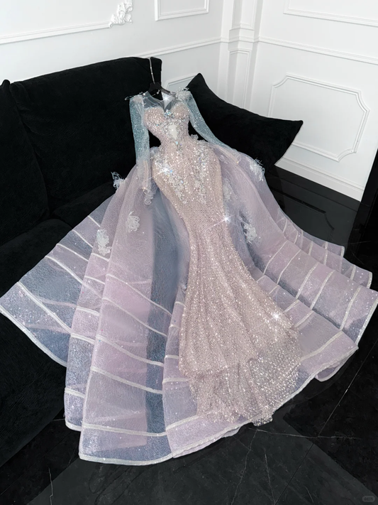 Vintage Shiny Pink Sequined Sweetheart Design Mermaid Prom Dress Evening Dress TP4220