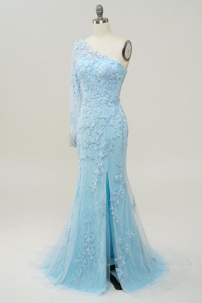 Light Blue One Shoulder Appliques Mermaid Long Prom Dress with Slit