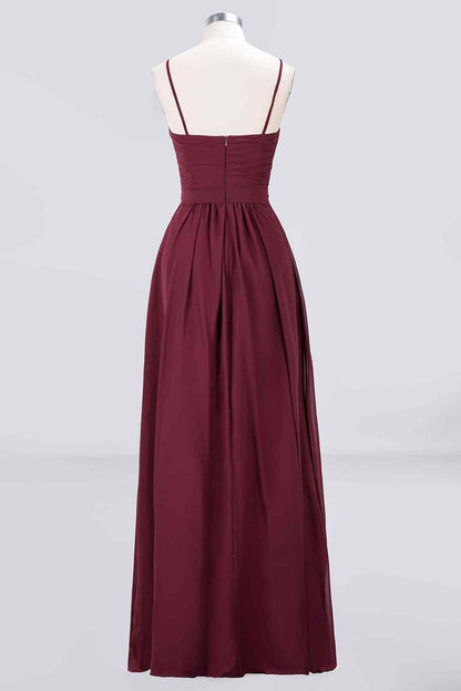 Burgundy A-line Spaghetti Straps Pleated Chiffon Long Bridesmaid Dress