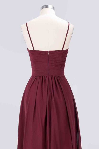Burgundy A-line Spaghetti Straps Pleated Chiffon Long Bridesmaid Dress