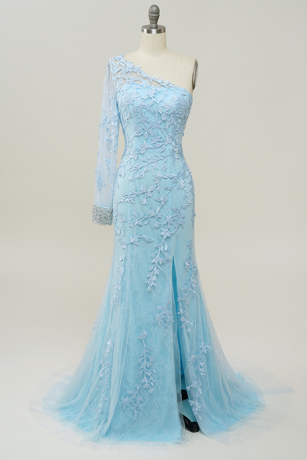 Light Blue One Shoulder Appliques Mermaid Long Prom Dress with Slit