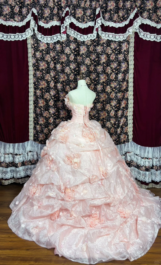 Gorgeous Pink 3D Flowers Sweet 16 Quinceanera Strapless A-Line Floor-length Prom Dress Evening Dress Ball Gown TP4391
