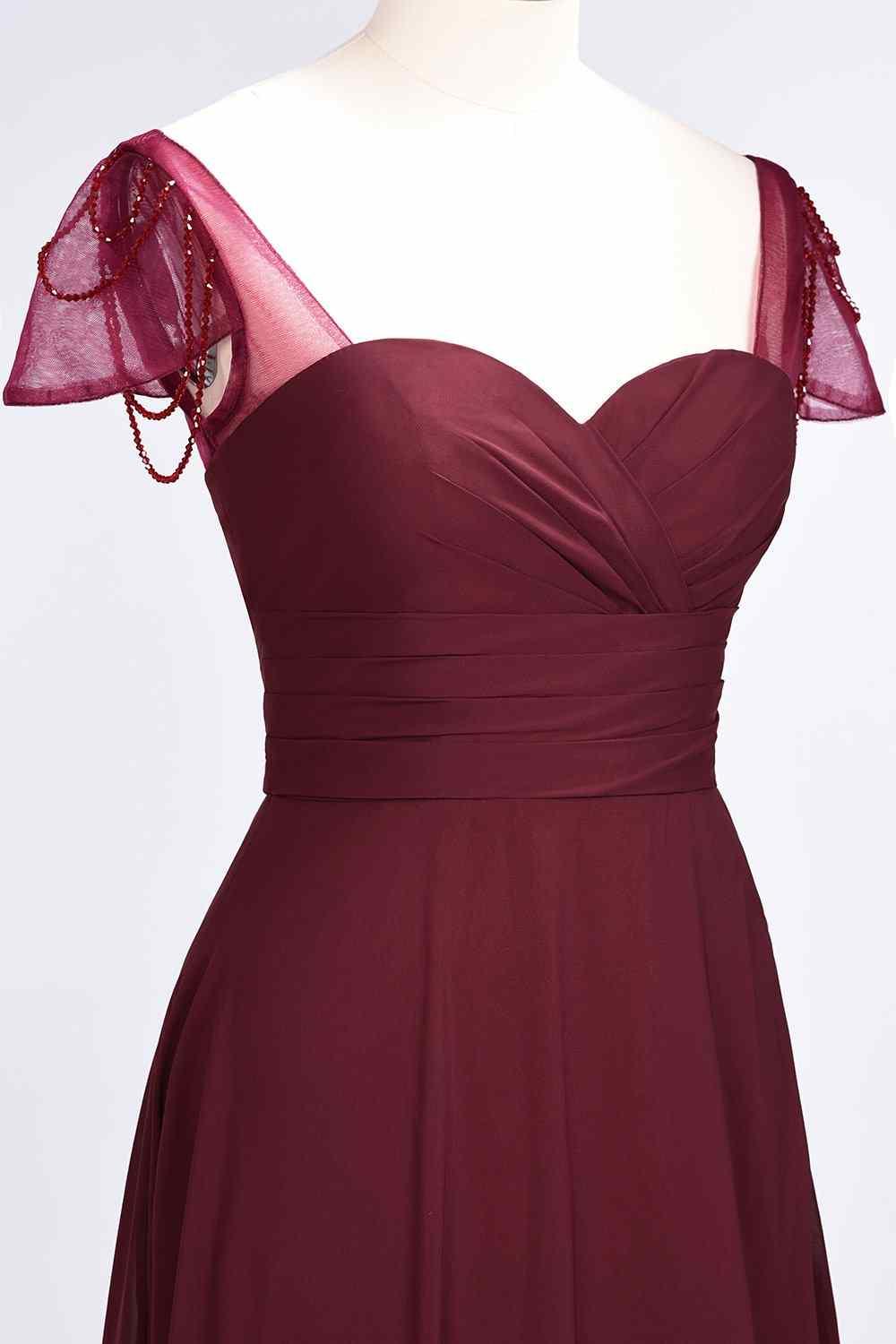 Burgundy A-line Illusion Sleeves Pleated Chiffon Long Bridesmaid Dress