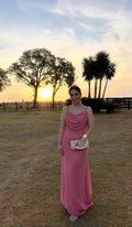 Pink Chiffon Wedding Guest Dress Spaghetti Straps Draped Neckline Maxi Dresses