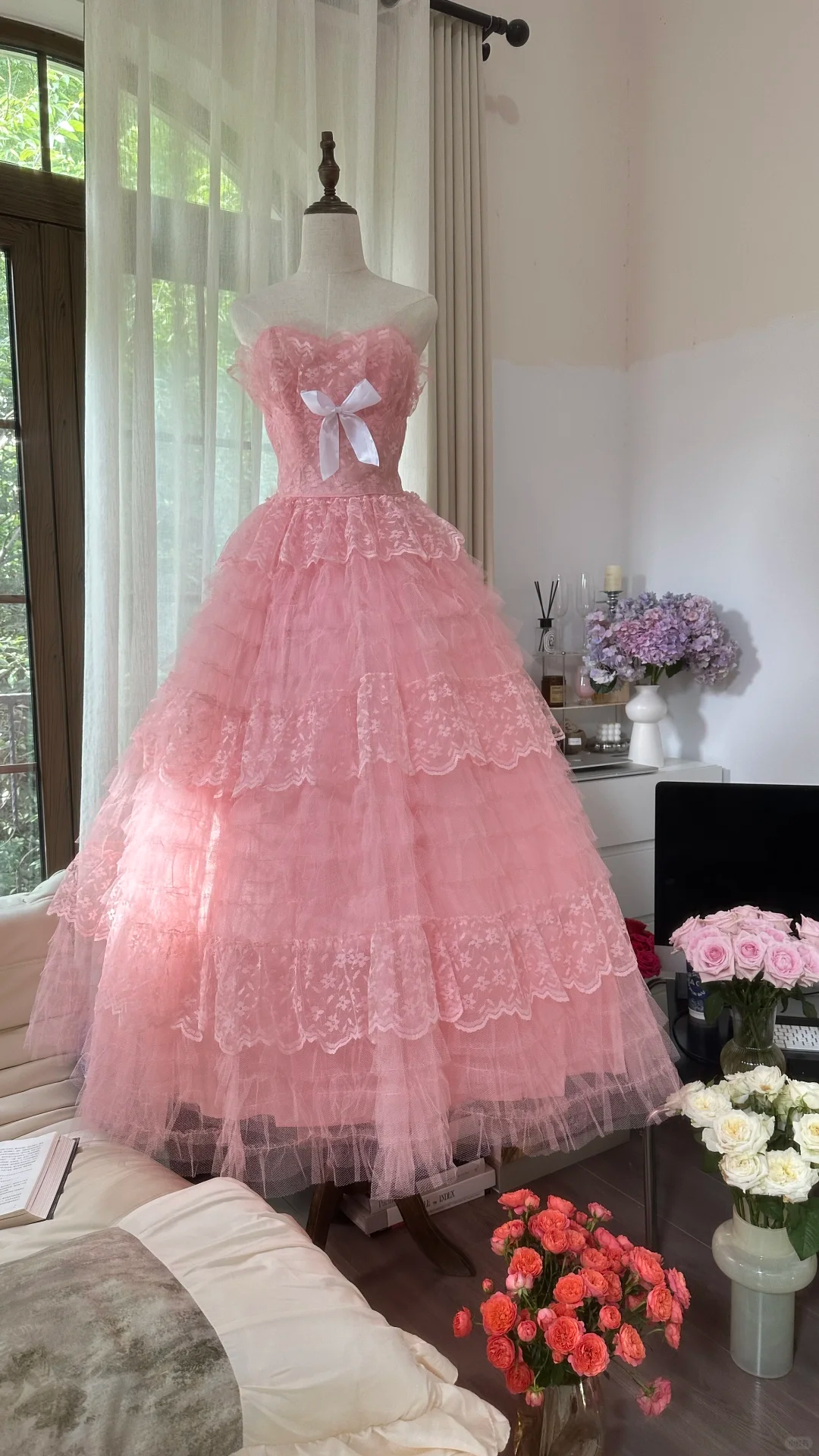Pink sweet fashion elegant exquisite lace bow long tulle lace princess ball gown evening dress birthday dress adult ceremony dress gh4033