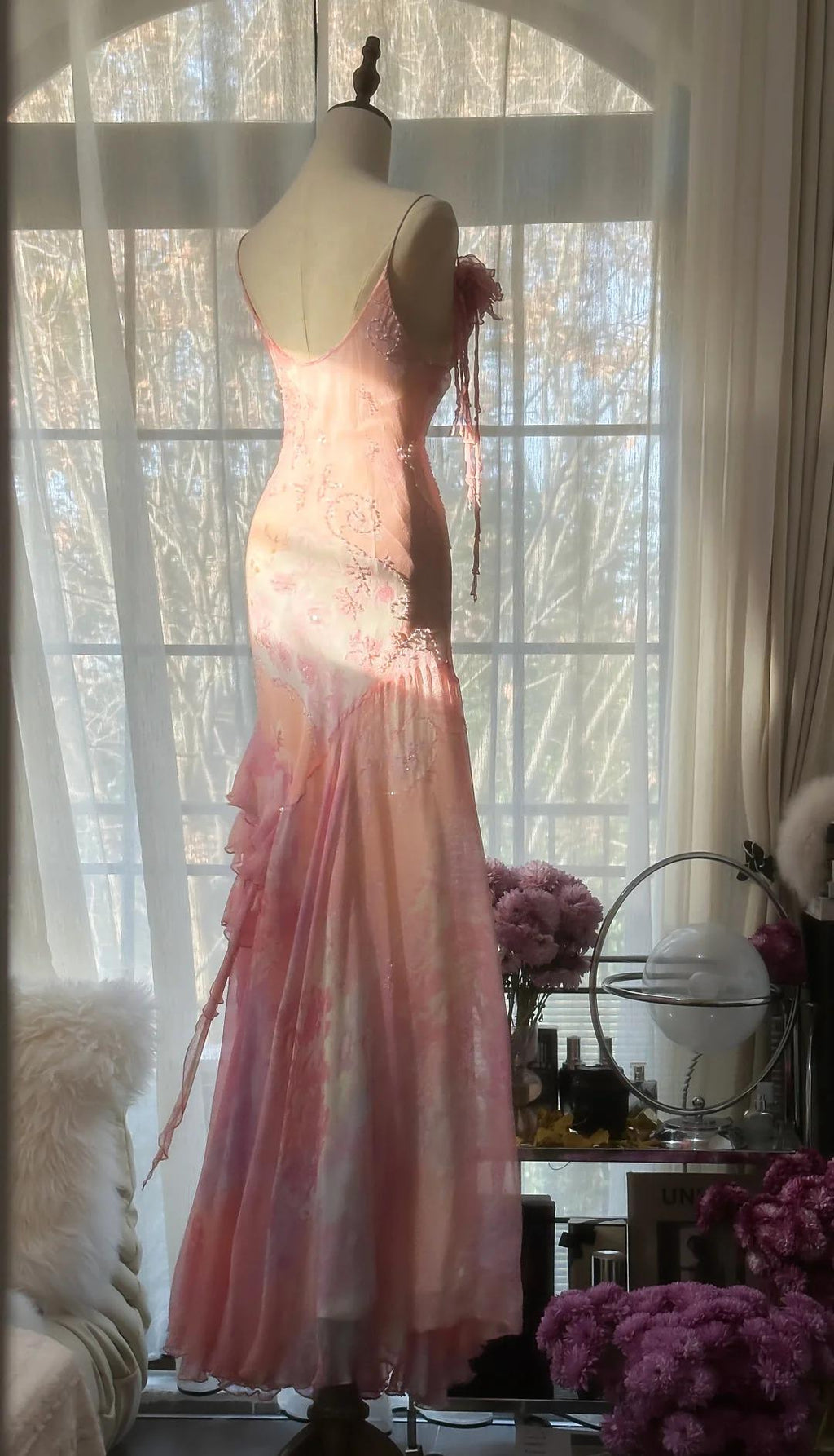 Vintage Pink Floral A-line Spaghetti Strap Irregular Hem Evening Dress Prom Dresses TP3932