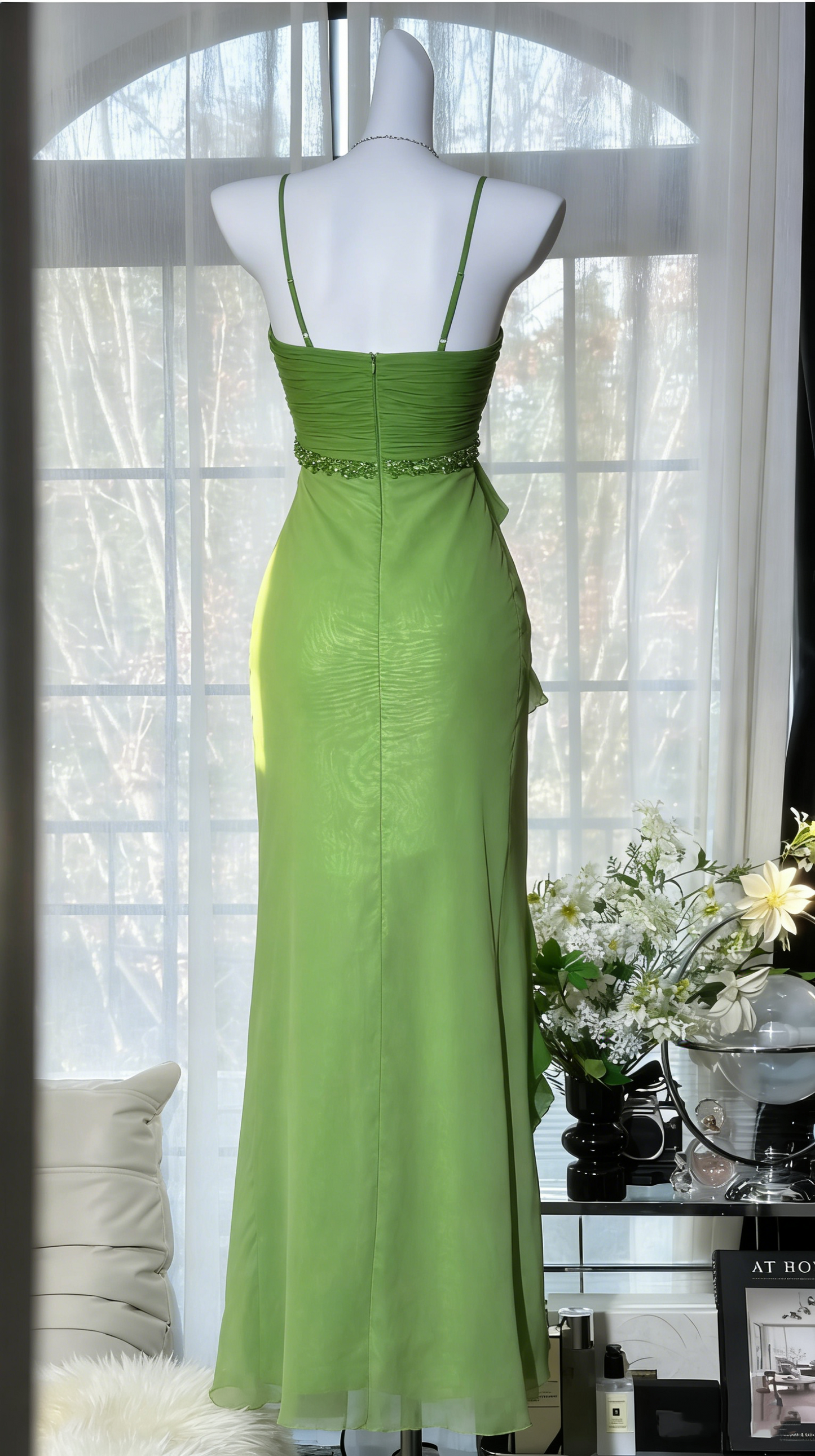 Fresh Green Spaghetti Strap Layered Ruffle Chiffon Long Prom Dress Evening Dress P4818