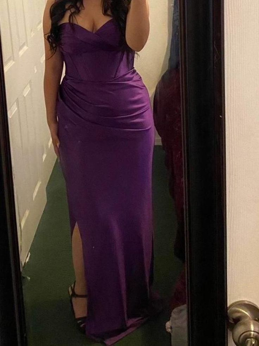 Mermaid Purple Strapless Satin Prom Dress Wedding Guest Dresses