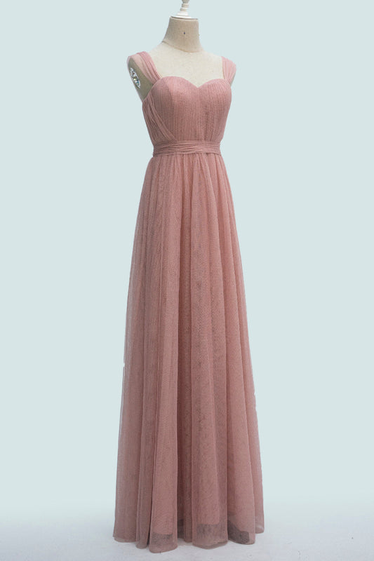Blushing Pink A-line Sheer Strap Pleated Waistband Long Bridesmaid Dress