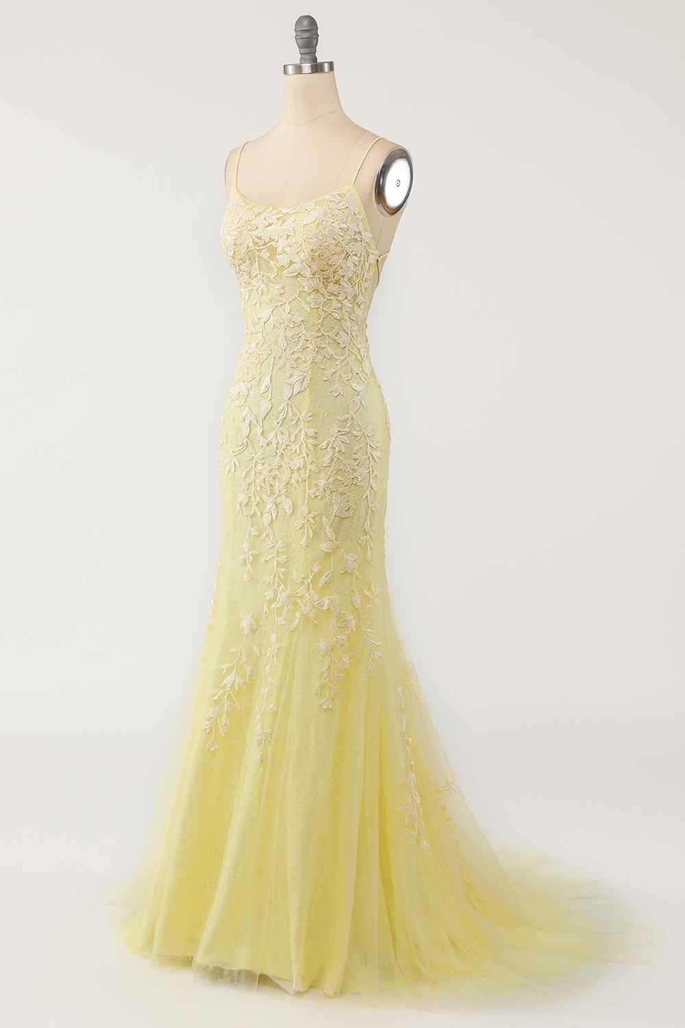 Mermaid Tulle Bateau Lace-Up Lace Appliques Prom Dress