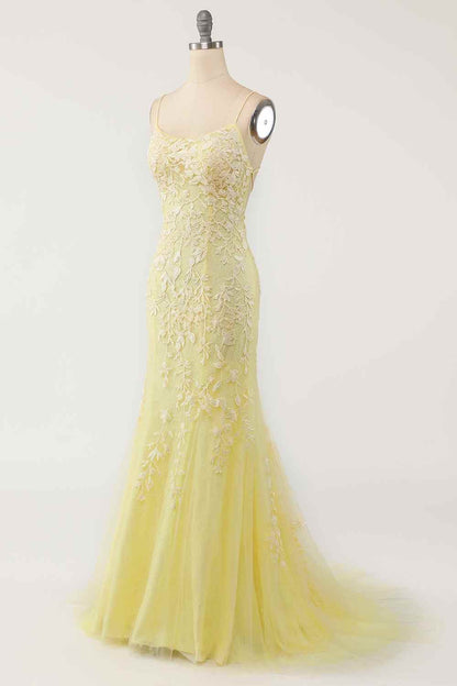 Mermaid Tulle Bateau Lace-Up Lace Appliques Prom Dress