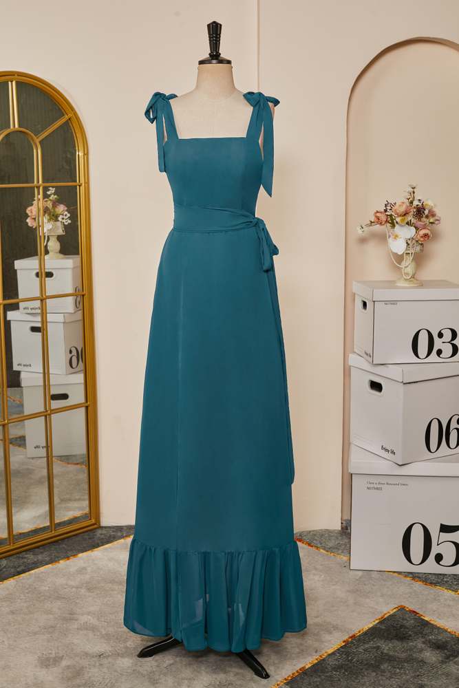 Teal Bow Tie Straps Ruffled A-line Long Bridesmaid Dress with Sash