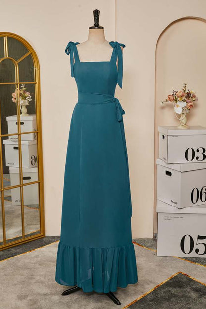 Teal Bow Tie Straps Ruffled A-line Long Bridesmaid Dress with Sash